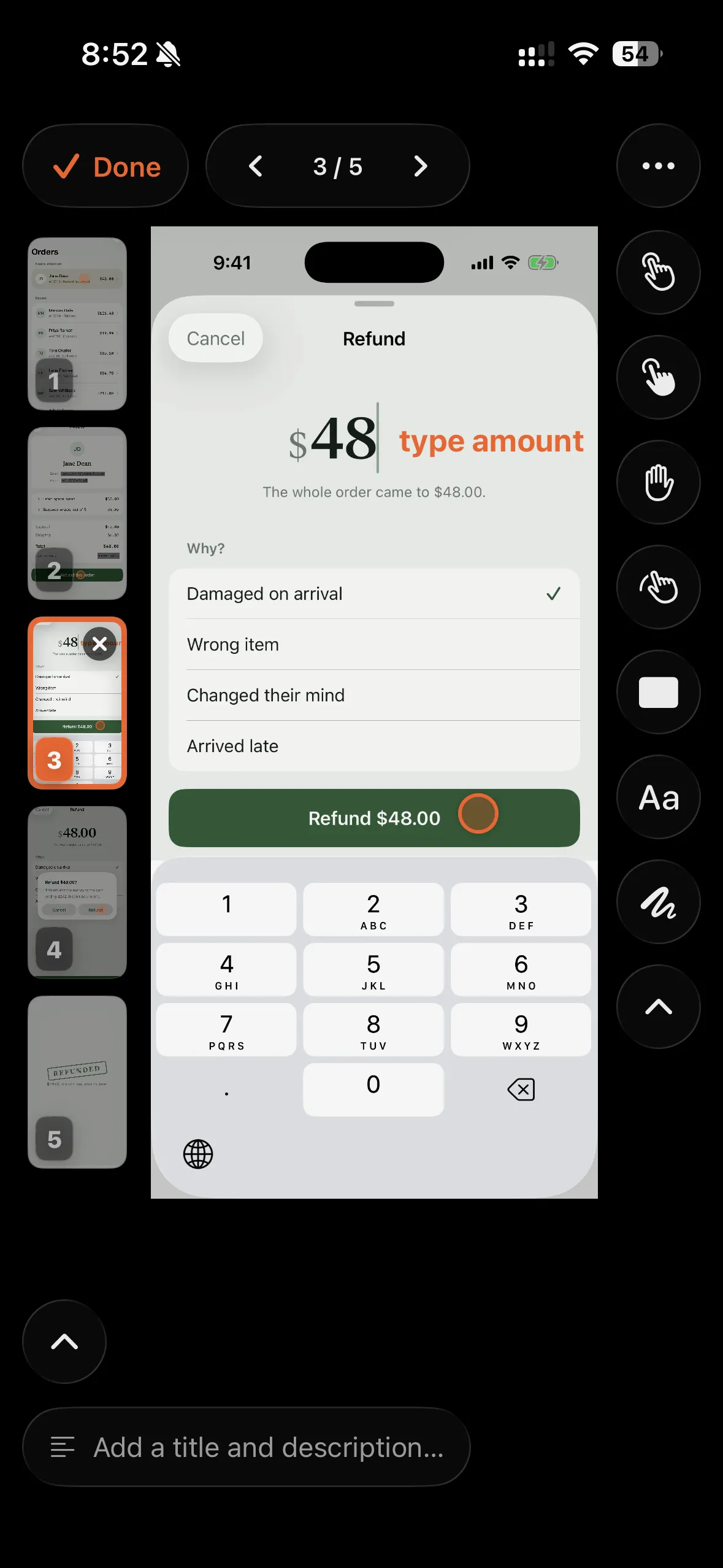 A step in Walkthru's editor with a tap marker placed on a button and a text label reading 'type amount'.