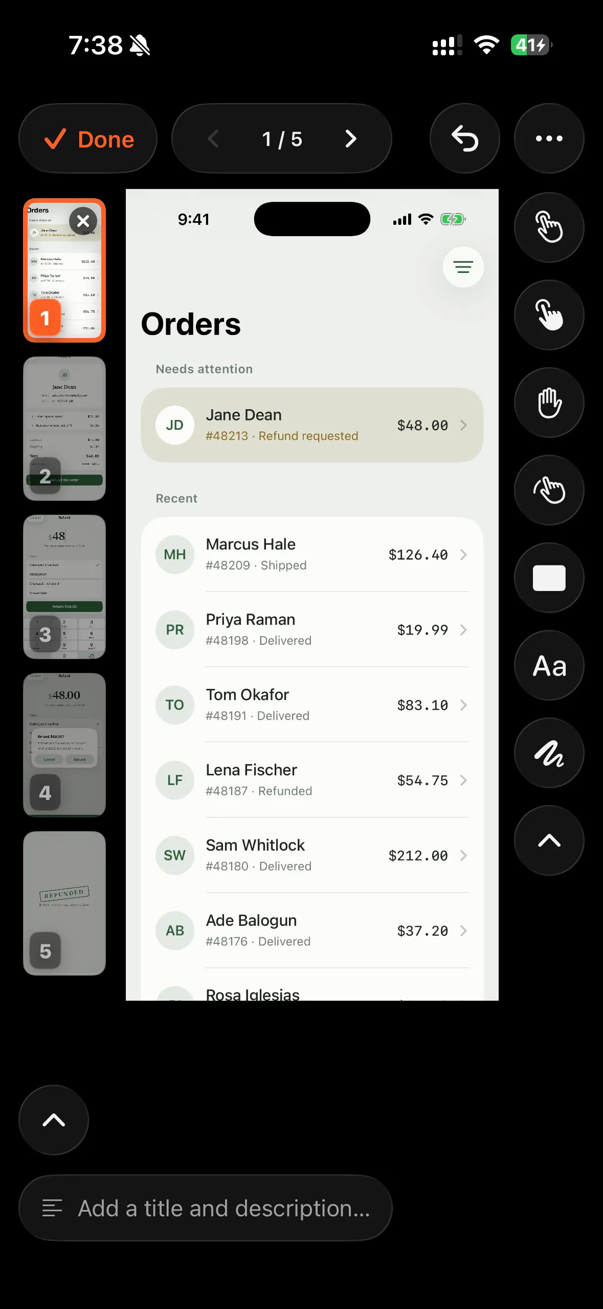 Walkthru's step editor: a strip of numbered step thumbnails on the left, annotation tools on the right, and the first step's screenshot in the middle.
