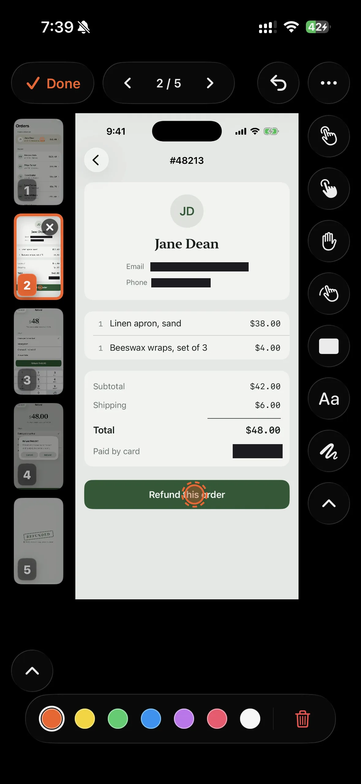 A placed marker selected in Walkthru's editor, with a row of seven marker colours open along the bottom of the screen.