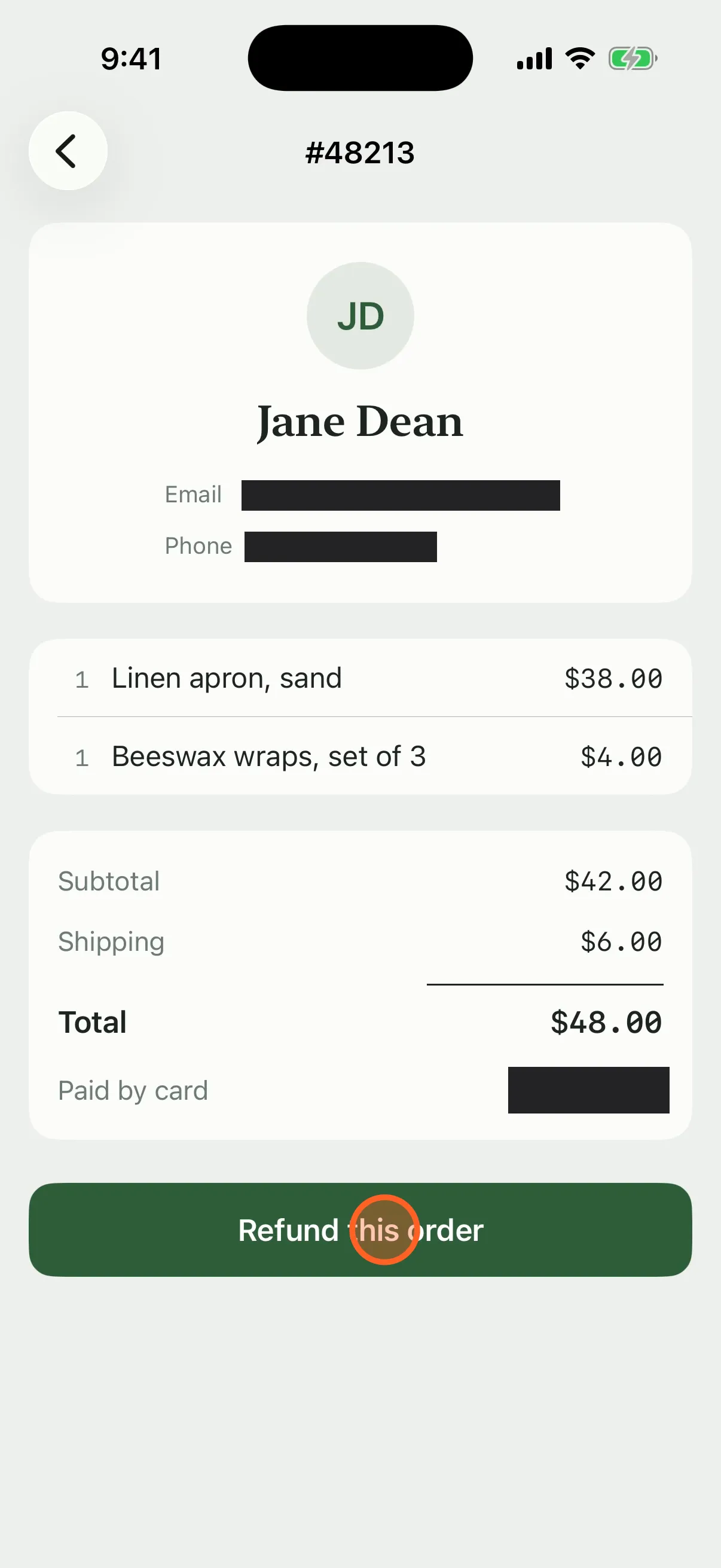 Step 2: the order’s details, with the customer’s email, phone and card covered by solid black redactions, and a marker on the Refund button.