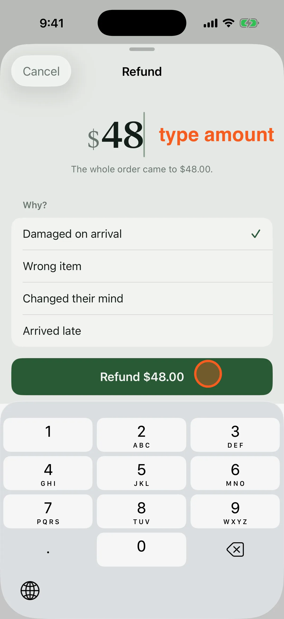 Step 3: the refund amount being typed on a keypad, labelled “type amount”.