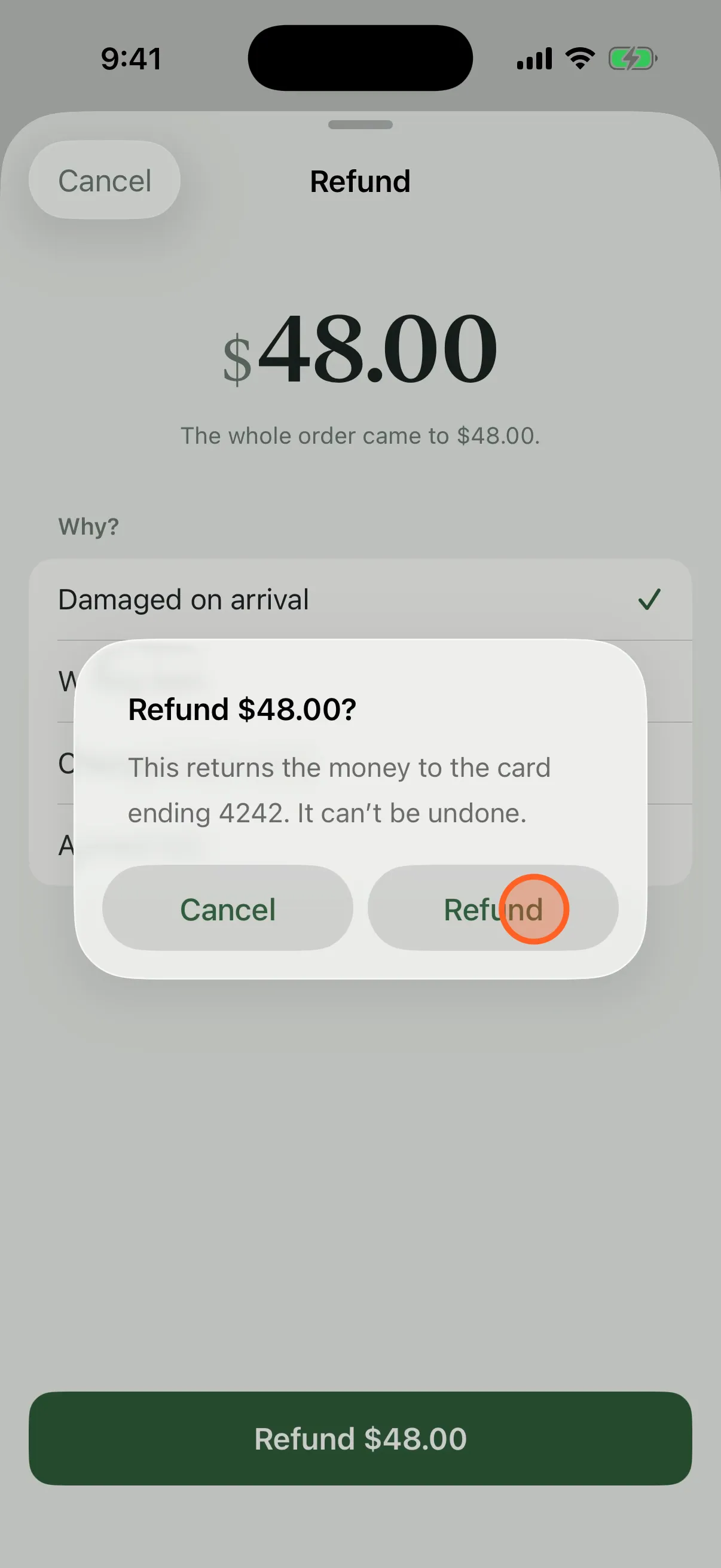 Step 4: a confirmation dialog asking to refund $48.00, with a marker on Refund.