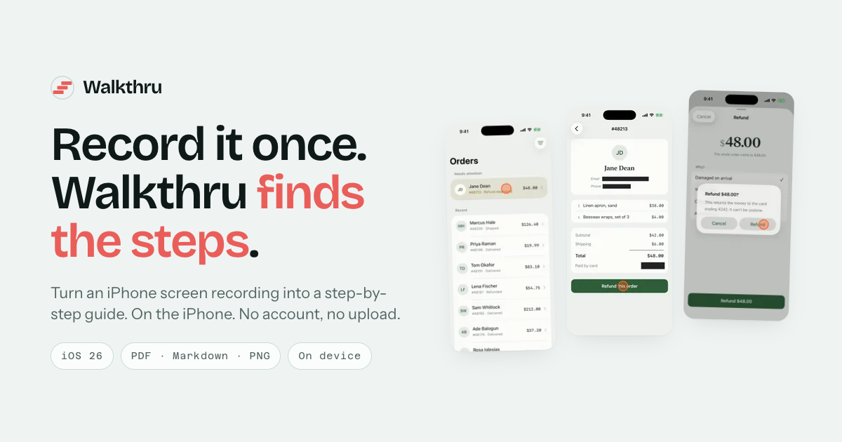 The Walkthru social card: the headline “Record it once. Walkthru finds the steps.” beside three annotated screen frames.